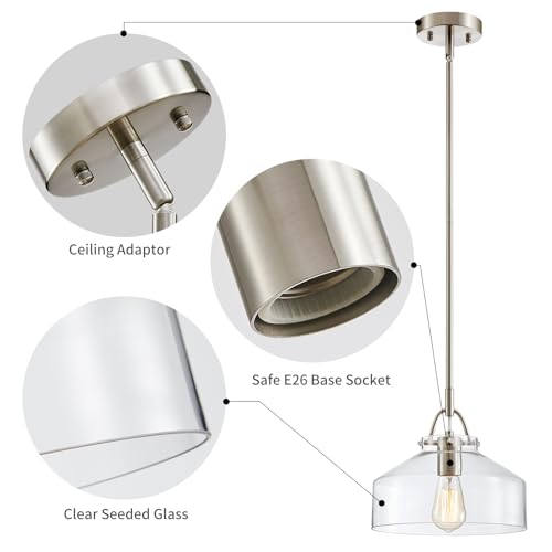 Image of WUZUPS Chandelier Rustic Farmhouse Industrial Round Ceiling Pendant LED Light Fixture with Clear Glass Shades for Dining Room Kitchen Island Foyer Entryway, H 9.4 inch x W 10.6 inch, E26 Base, Brushed Nickel