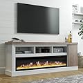 LUXOAK 75” Fireplace TV Stand with 60” Electric Fireplace, Chunky Entertainment Center with Wood Grain, Color Clash Entertainment Stand for TVs up to 85”, White&Grey