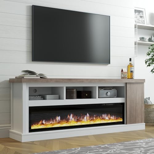 LUXOAK 75” Fireplace TV stand with 60” Electric Fireplace, Chunky Entertainment Center with Wood Grain, Color Clash Entertainment Stand for TVs up to 85”, White&Grey