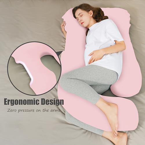 HIPHOP PANDA U-Shaped Pregnancy Pillow for Sleeping - Full Body Maternity Support Pillow with Cooling Removable Cover - Comfort for Back, HIPS, Legs, Belly - 57 Inch for Pregnant Women, Pink