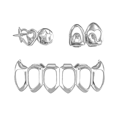 3PC Gold Grillz Set Open Face Hip Hop Teeth Jewelry Gold Plated Dental Caps for Top Bottom Removable Grills for Men Women (Silver)