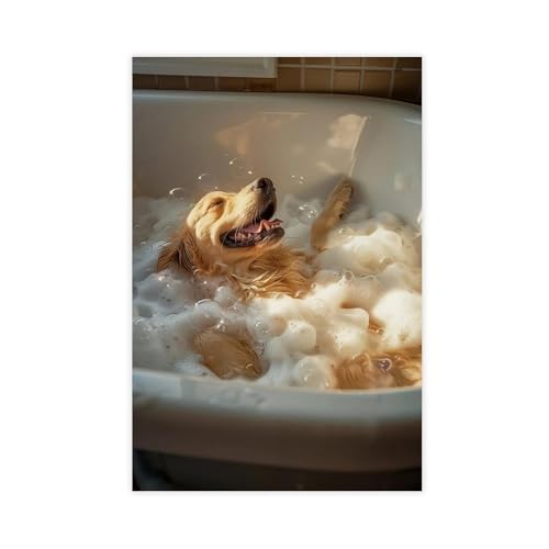 Toile Golden Retriever pour salle de bain et salon ambiance cocooning