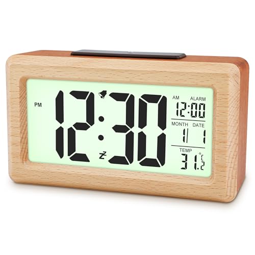 Ayybboo Despertador digital, despertador de madera con pantalla grande, sensor de luz automático, fecha, indicador de temperatura, funciona con pilas (pilas de carbón no incluidas)