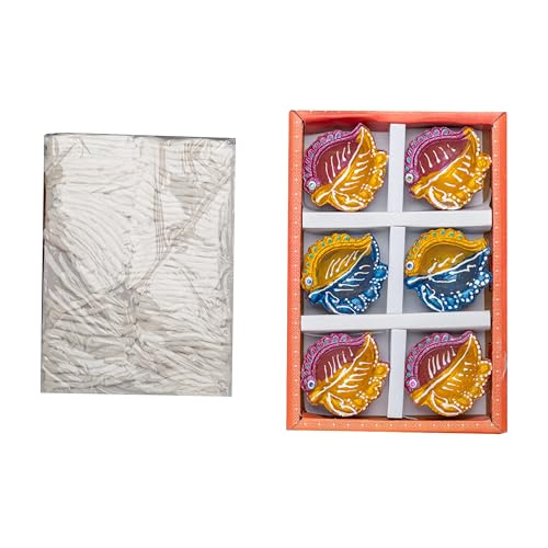 SHOPOGENIE 6 pcs Handmade Clay Diya for Diwali | Designer Leaf Diya with Cotton Wicks Batti | Mitti Diya | Earthen Terracota Diya | Indian Oil Lamp | Diwali Gift |