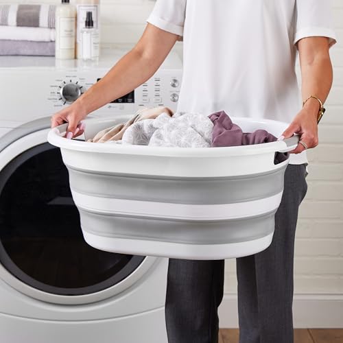 Image of Laundry 360 Collapsible Laundry Basket | Portable | Space Saver Storage | 27 Liter Capacity | Store Under the Bed or Closet | Good for Kids | Dorm | Bedroom | Large | White /Grey