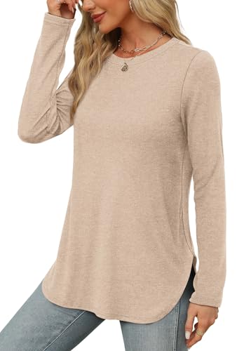 Image of XIEERDUO Womens Long Sleeve Round Neck Shirts Side Split Basic Loose Tunic Tops Casual 2026