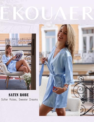 Image of Ekouaer Women's Satin Robe Valentines Lingerie for Women Kimono Bathrobe Short Ruffle Belted Robes Bridesmaids Sleepwear