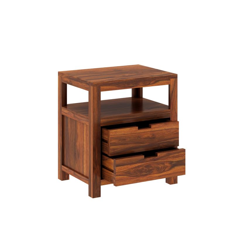 Image of Solid Sheesham Wood Bedside Table with 2 Drawer & 1 Open Shelf Storage for Bedroom, End Table, Side Table for Living Room Home (Natural Finish)