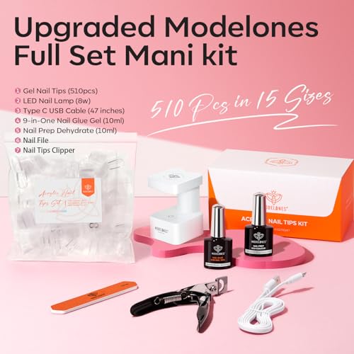 Image of modelones X Nail Gel Kit, , 9-in-One Glue Prep Dehydrator UV Light Clipper | 510Pcs Extra Short Oval Round Fake Nails 15Sizes Pre-shaped Half Matte Press on Oval Tips for Extension DIY Salon