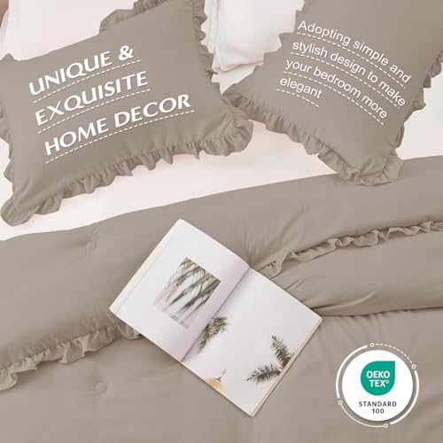 Image of HARBOREST Twin Comforter Set Oatmeal - Ruffle Comforter for Twin Size Bed, Fluffy Twin Size Comforter Set for All Seasons, 2 Pieces Shabby Chic Bedding Comforter Sets(1 Comforter & 1 Pillow Sham)