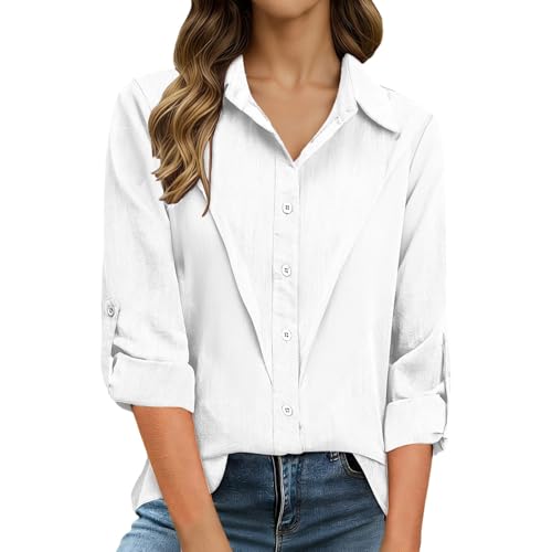 Tee Shirt Femme Chemise élégante Unie à Manches Longues et Boutons sur Le Devant, col Classique, Coupe débardeur, Respirante, idéale au Quotidien. (White,...