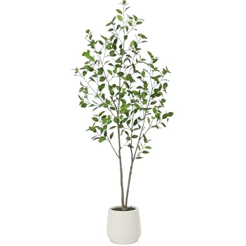 OAKRED Artificial Ficus Tree 5ft with White Planter, Tall Fake Ficus Tree for Home Decor Indoor, Faux Ficus Floor Plant with Green Fake Moss for Office Living Room Cover