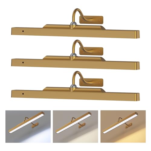Picture Light Battery Rechargeable, 3Pack Picture Light for Wall with Remote, 3 Color Modes and Dimmable Classic Art Lights for Paintings, Pictures in Gallery, Bedroom, Bathroom with Timer Brass