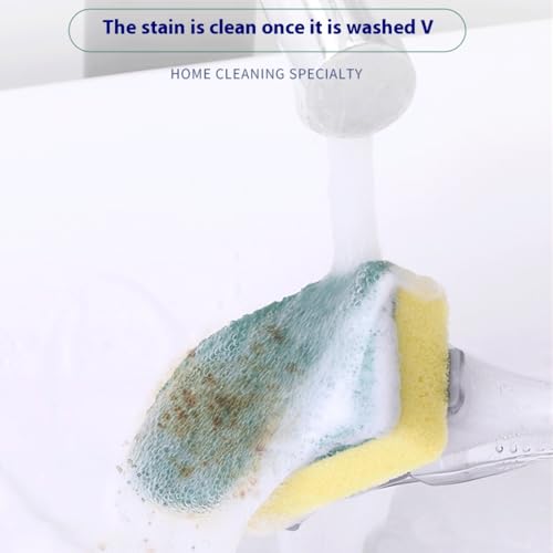 Image of The Pot Brush with Green and Yellow Washing Pads Does not Damage The Pot Handle and can be Used to add Liquid, Brush The Bowl, and Brush The Stove