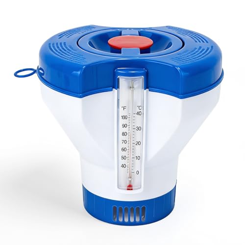 Pool Chlorine Floater Dispenser with Thermometer - 8 Pool Floater Pop-Up Refill Indicator Large Floating Chlorine Holder for 1 to 4 inch Tablets Floating Dispenser for Pools Spas Hot Tubs