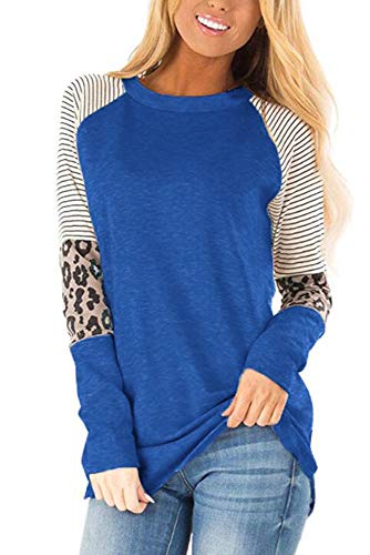 Heat Move Women Long Sleeve Leopard Color Block Tunic Tops for Leggings Stripe Round Neck Shirt(S, Blue)