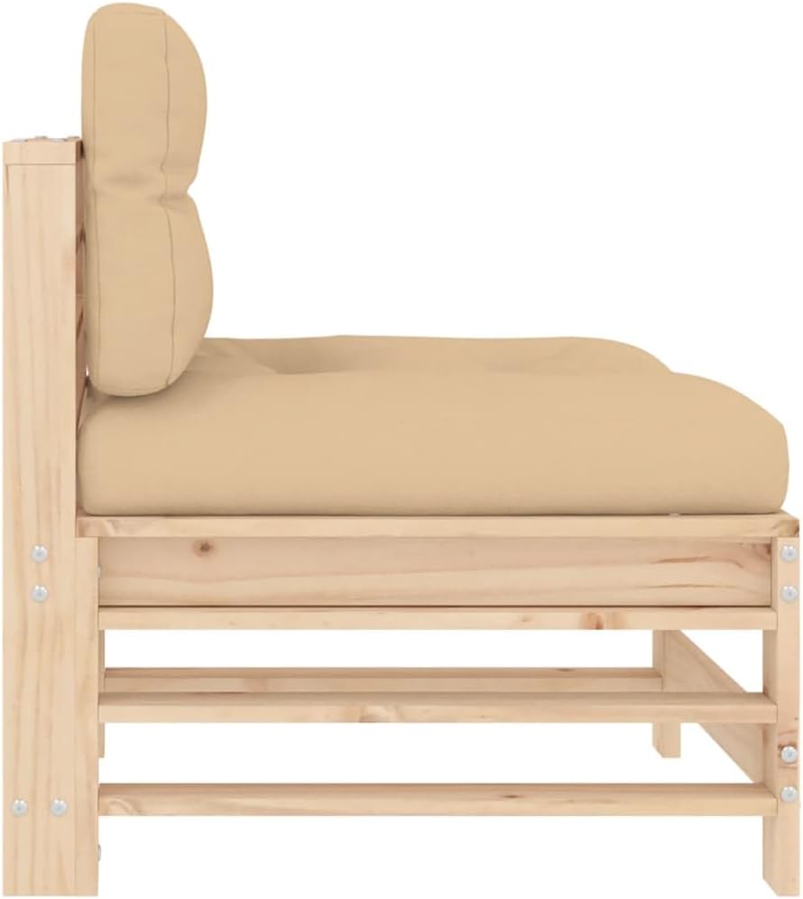 Outdoor Modular Sofa Middle Section, Solid Pine Wood Patio Furniture for Garden Balcony, Rustic Beige Cushioned Loveseat with Waterproof Cover, Medium Size 25 Inch Wide, Easy Assembly