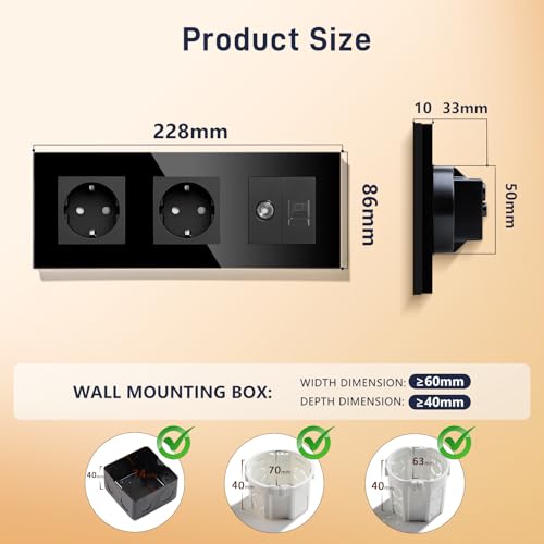 BSEED Schuko Steckdose mit 1/2 PC mit TV Schwarz Glas Panel Steckdose Glas TV antenna coaxial and RJ55 Cat5e Ethernet 16 Amp Steckdose 228mm Doppelt Wandsteckdose Verlängerungssteckdosen