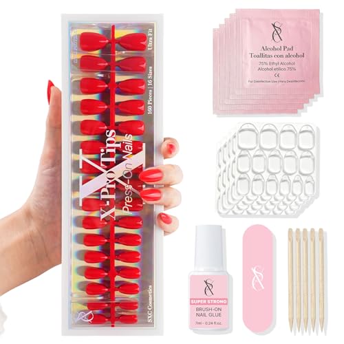 SXC Cosmetics Press On Nails - 007 Cherry Glaze | X5 Signature Series - Short Almond X-Pro Tips Fake Nails, Salon Quality Nails 16 Sizes - 160 pieces Nail Kit with Glue