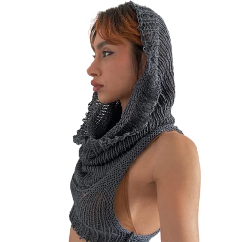 Caviotess Women Knitted Hoodie Sweater Vest Sexy Sleeveless Hollow Out Hooded Crop Top Streetwear Rave Oufit Gray #TOP3