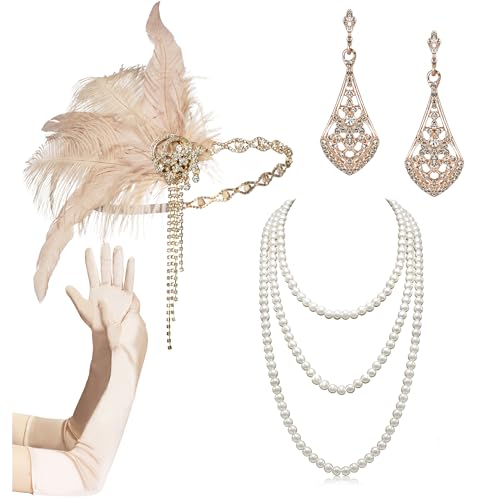 Zivyes 1920s Accessories Headband Necklace Gloves Costume Holder Flapper Costume Accessories for Women