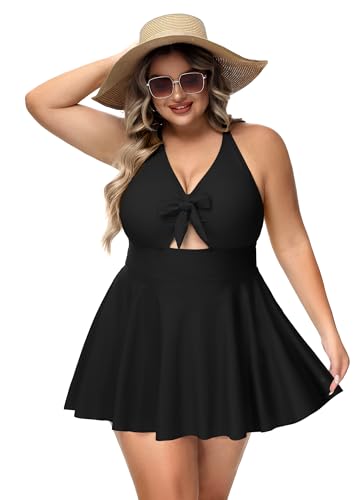 NIeyook Womens Plus Size One Piece Swimsuit with Skirt V Neck Cutout Flowy Swim Dress Tummy Control Bathing Suit2