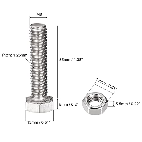 Image of uxcell M8 x 35mm Hex Head Screws Bolts, Nuts, Flat & Lock Washers Kits, 304 Stainless Steel Fully Thread Hexagon Bolts 4 Sets