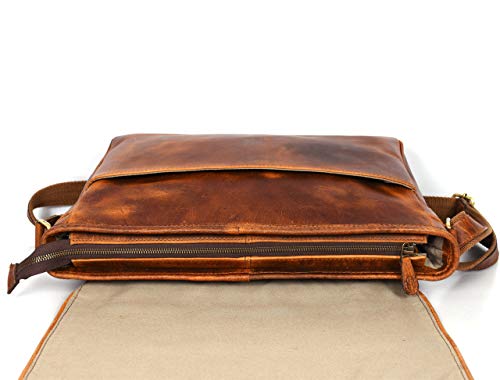 16" Crossbody Bag Leather Laptop Messenger Bag For Men with trolley sleeve for school office (Caramel)2