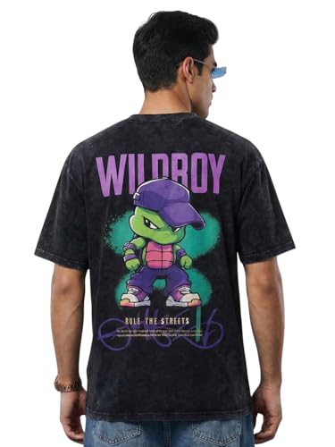 Image of Veirdo Heavy GSM Pure Cotton Men's Graphic Print Oversized Fit Half Sleeve Round Neck Cotton Acid Wash Print T-Shirt in Different Colors with Sizes ranging from S to 2XL.