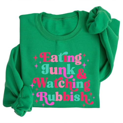 Image of TONGCHEN Eating Junk Watching Rubbish Sweatshirt for Women Casual Funny Christmas Sweater (US, Alpha, Large, Regular, Regular, Green)