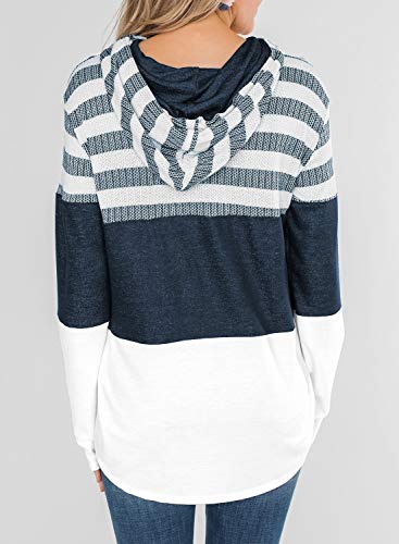 Lovezesent Womens Plus Size Casual Loose Long Sleeve Color Block Stripe Drawstring Hoodie Sweatshirt Pullover for Jeans White XXL