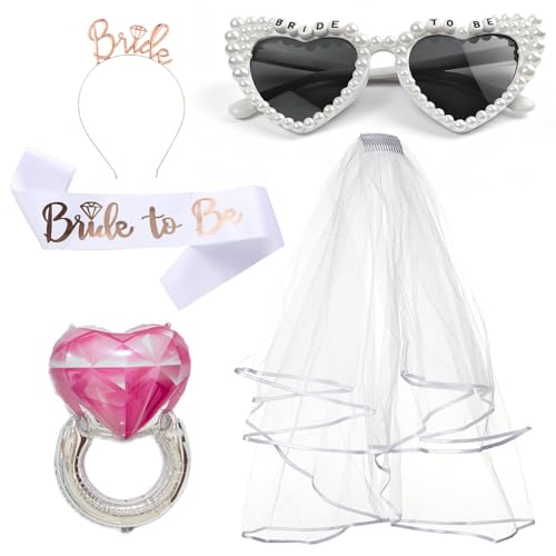 Bride to Be Bachelorette Party Set, 5-Piece Bridal Shower Accessories Kit with Pearl Heart Sunglasses, Veil, Sash, Bride Headband & Ring Balloon for Wedding Party Decorations by Frstem - Used condition - US$6.61