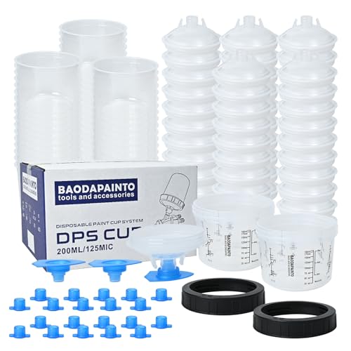 Image of Disposable Paint Cups for Spray Gun, Paint System for HVLP and LVLP Paint Spray Paint Gun, 6.5 Ounce (200ml) Kit with 50 Cups and Lids System, 2 Hard Cups with Retainer Ring, 20 Plugs, 3 Mixing Sticks