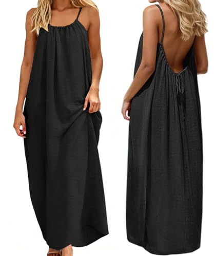 ABINGOO Robe d’été Femme Longue en Lin Col Rond Dos Nu Loose Robes Décontractée sans Manches...