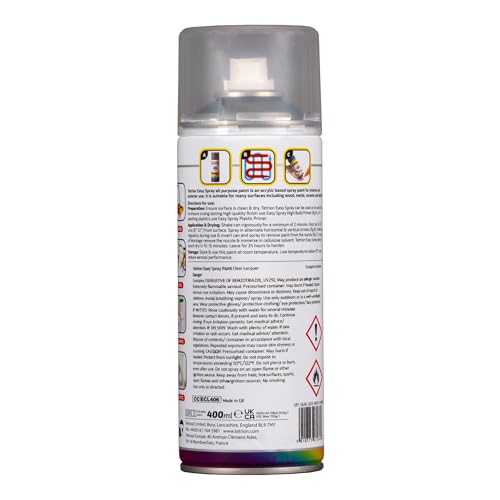Image of Tetrion Easy Spray Paint - Clear Lacquer 400ml - Acrylic Clear Coat Spray for Wood, Metal, Plastic, Ceramic & More - Easy to Use, Durable Finish,Indoor & Outdoor Use, 13.5 Oz