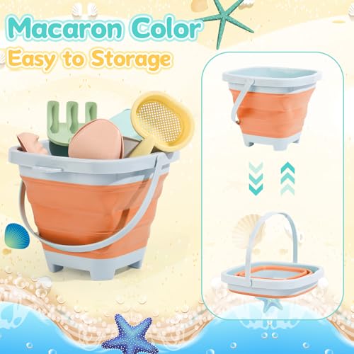 Euakee Sandspielzeug für Kinder, 11 Stück Sandspielzeug mit Faltbarer Eimer, Sanspielzeugset, Sandspielzeug Strand, Sandkasten Spielzeug für Kinder 3 4 5 6 7 Jahre (Orange)