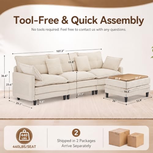 Image of 107.3 inch L-Shaped Modular Sectional Sofa with Storage Ottoman, 3-Seat Deep Seat Corduroy Cloud Sofa with 4 Throw Pillows, Cloud Couch for Living Room, Bedroom, Apartment, Tool-Free Assembly, Cream