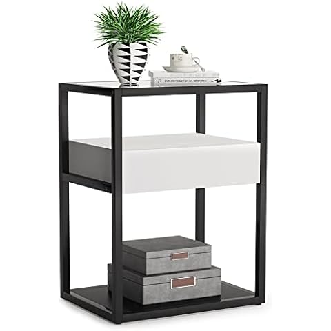 Tribesigns Nightstand Tall Side Table, Modern Simple Style End Table with Drawer and Shelf, Tempered Glass Bedside Table, Metal Frame, 19.6”X15.7”X27.5” (Black and White) Cover