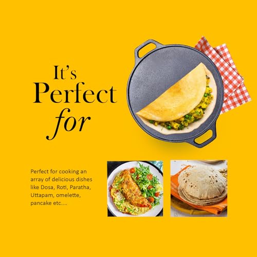Image of Kichera Pre-Seasoned Cast Iron Dosa Tawa 12-Inch | Double Loop Handle Roti & Dosa Pan | Heavy Duty 3kg Induction-Friendly Cookware | Non-Stick Naturally | Pure, Chemical-Free for Everyday Cooking