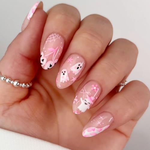 JMEOWIO Gel Nail Stickers Halloween Cute Ghost Pink Semi Cured Gel Nail Strips Wraps UV/LED Nails Art Design Decoration Accessories JMEOWIO Gel Nail Stickers Halloween Cute Ghost Pink Semi Cured Gel Nail Strips Wraps UV/LED Nails Art Design Decoration Accessories