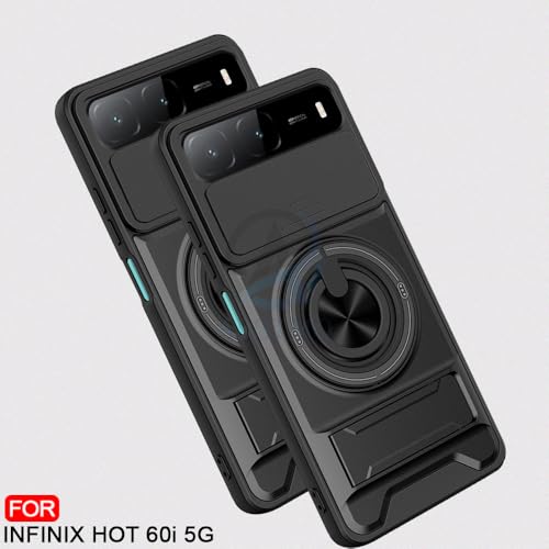 Image of AESTMO Infinix Hot 60i 5G / Spark Go 5G Back Cover | Armor Camera Slider 360 Degree Rotating Finger Ring Holder Case with Bracket Stand Back Case Cover (Compatible with MagSafe Accessories) (Black)