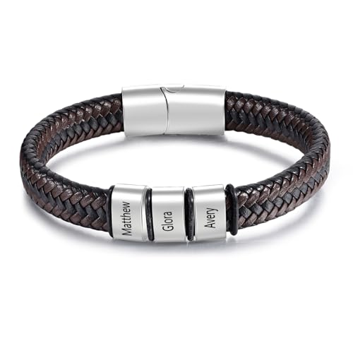 lorajewel Pulsera para Hombre con Grabado Regalos Personalizados para Hombre Pulsera de Cuero con Nombre Regalo para el Día del Padre Navidad San Valentín (Plata-3 Nombre)