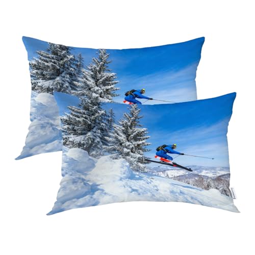 Batmerry Blue White Pillowcases, Winter Skiing Decorative Bed Pillow Cover