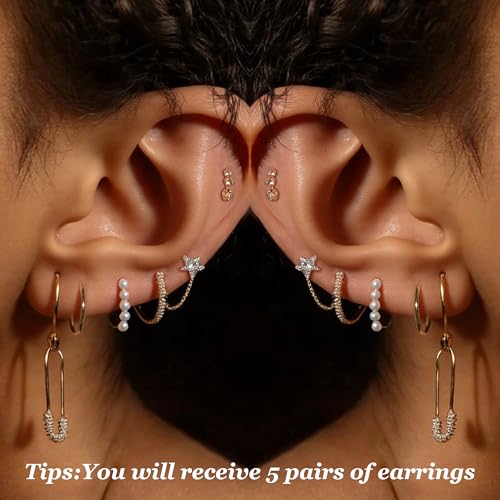 5 Pairs Pearl Earrings for Women Stackable Gold Hoop Earring Set with Multiple Piercing Stack Set Jewelry Gold-Tone Dainty Earring Stacks for Everyday2