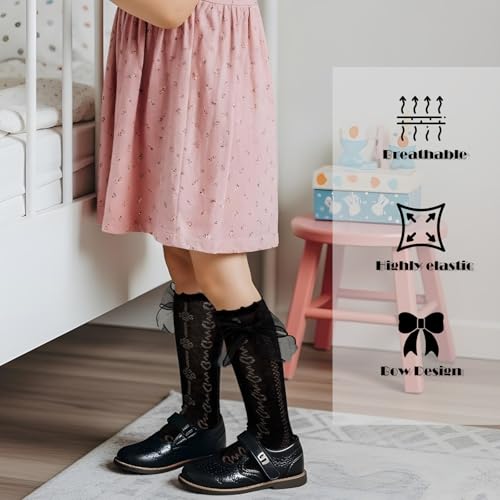 Kids Knee High Socks for Girls, Cotton Toddler Socks with Bows for School Dress Looks3