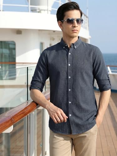 Image of Thomas Scott Men's | Solid | Textured Fabric | Full Sleeve | Slim Fit | Polyester-Blend | Spread Collar | Casual Shirt