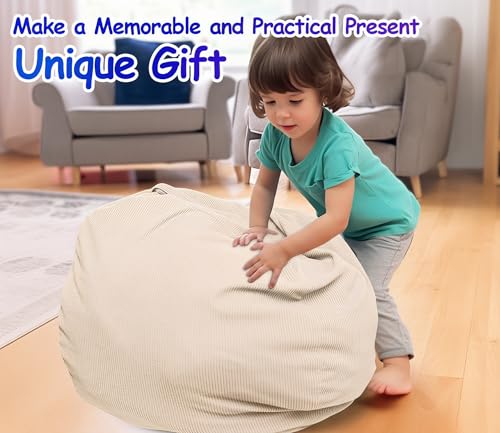 Image of Stuffed Animal Bean Bag Storage Chair Cover (No Filler) Soft Washable Stuffable Removable Premium Organizing Plush Toys Comfortable Organizer Keep Clutter with Premium Zipper Adults (Beige, Medium)