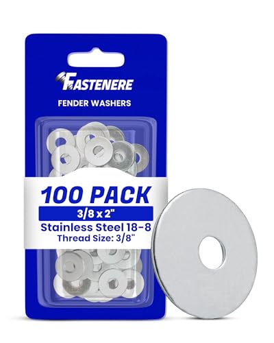 Fastenere Fender Washers 3/8 x 2 (100 Pack), Large Diameter, 18-8 Stainless Steel Plain Finish, Corrosion Resistant, High Tensile Strength Metal Hardware for Automotive and Construction Projects