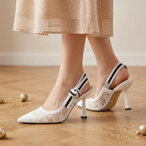 Image of HOCHFART Women's Slingback Kitten Heels Closed Pointed Toe Slip On Pumps | Bowknot, Elastic Slingback Strap, Office, Wedding, Bridal, Formal, Events, Church, Gathering, Casual Outing