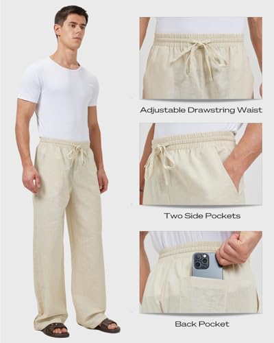 Zylioo 36 Inch Inseam Pants for Men, Loose Fit Mens Lightweight Pants for Summer, Mens Linen Pants Beach Khaki4